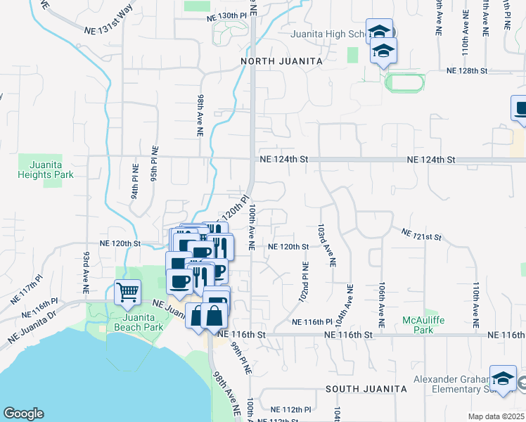 map of restaurants, bars, coffee shops, grocery stores, and more near 10015 Northeast 120th Lane in Kirkland