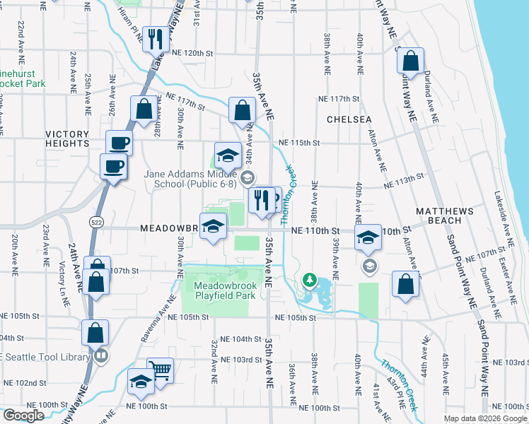 map of restaurants, bars, coffee shops, grocery stores, and more near 11020 35th Avenue Northeast in Seattle