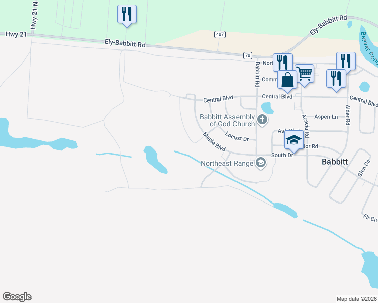 map of restaurants, bars, coffee shops, grocery stores, and more near in Babbitt