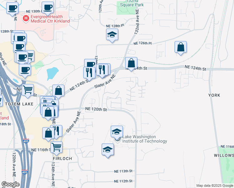 map of restaurants, bars, coffee shops, grocery stores, and more near 12918 Northeast 122nd Lane in Kirkland