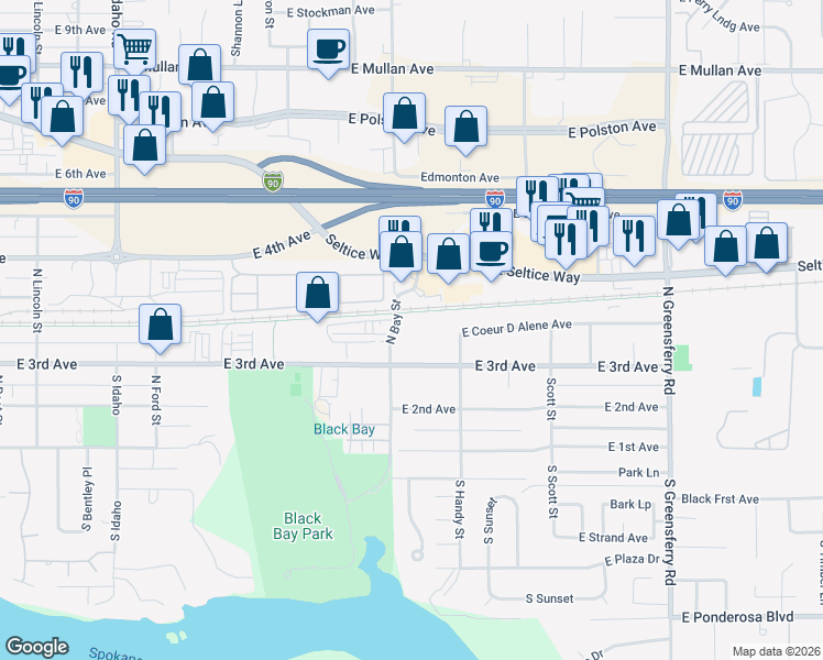 map of restaurants, bars, coffee shops, grocery stores, and more near 355 North Bay Street in Post Falls
