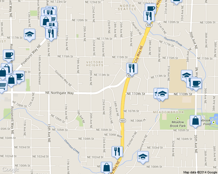 map of restaurants, bars, coffee shops, grocery stores, and more near Northeast Northgate Way & 24th Avenue Northeast in Seattle