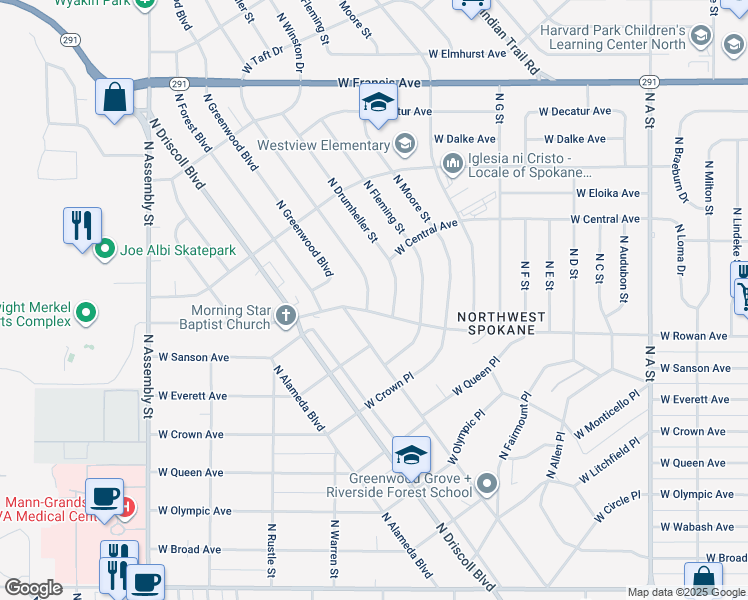 map of restaurants, bars, coffee shops, grocery stores, and more near 5603 North Sutherlin Street in Spokane