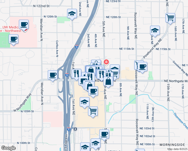 map of restaurants, bars, coffee shops, grocery stores, and more near 302 Northeast Northgate Way in Seattle
