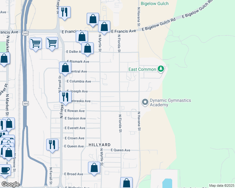 map of restaurants, bars, coffee shops, grocery stores, and more near 4120 East Joseph Avenue in Spokane