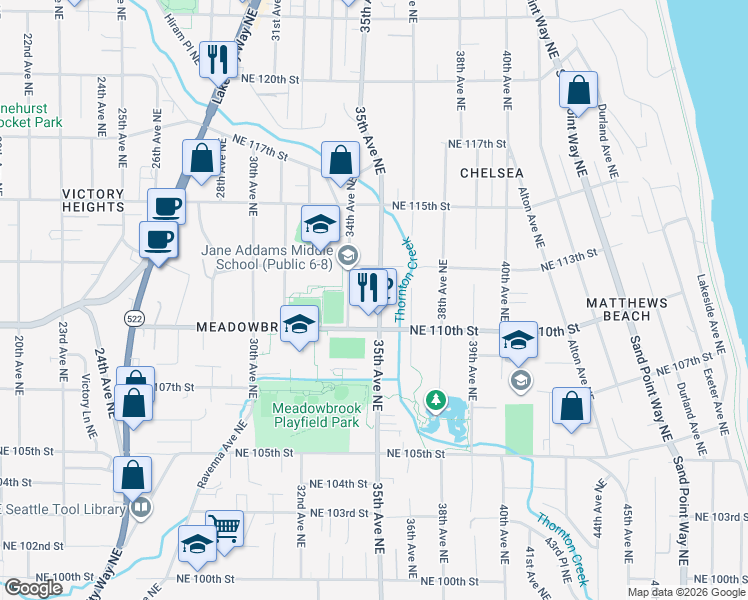 map of restaurants, bars, coffee shops, grocery stores, and more near 11020 35th Avenue Northeast in Seattle