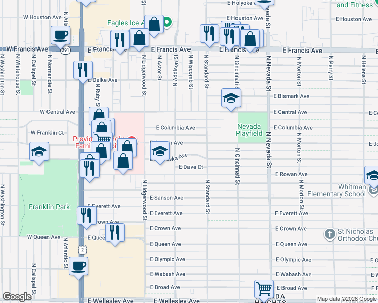 map of restaurants, bars, coffee shops, grocery stores, and more near 528 East Nebraska Avenue in Spokane