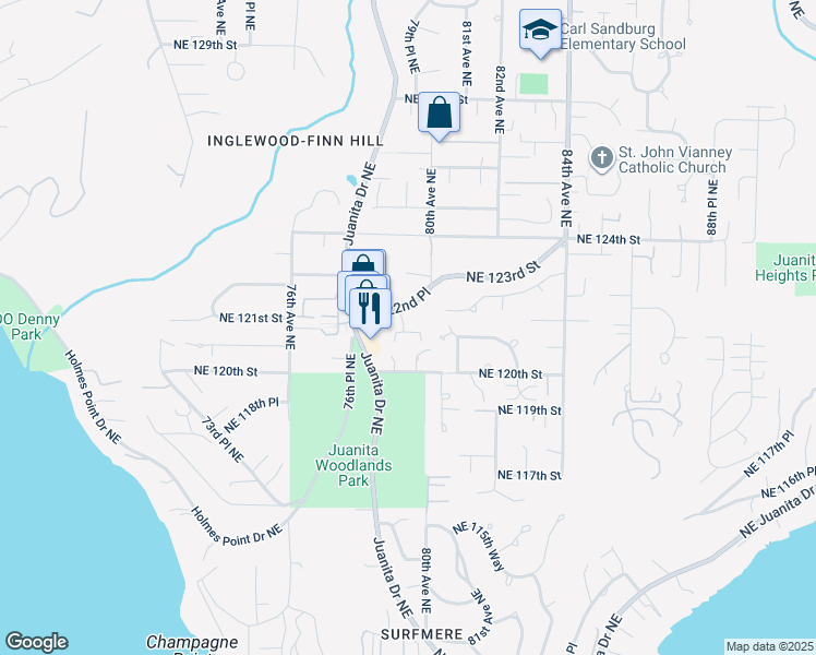 map of restaurants, bars, coffee shops, grocery stores, and more near in Kirkland