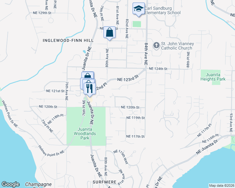 map of restaurants, bars, coffee shops, grocery stores, and more near 8104 Northeast 121st Street in Kirkland