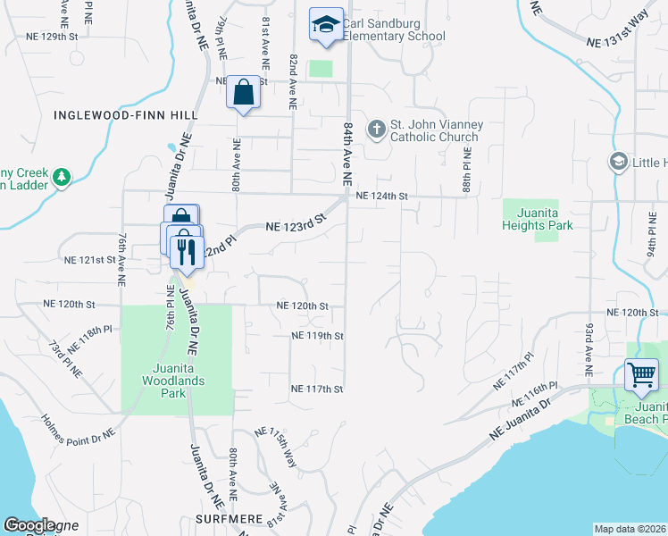 map of restaurants, bars, coffee shops, grocery stores, and more near 8320 Northeast 120th Place in Kirkland