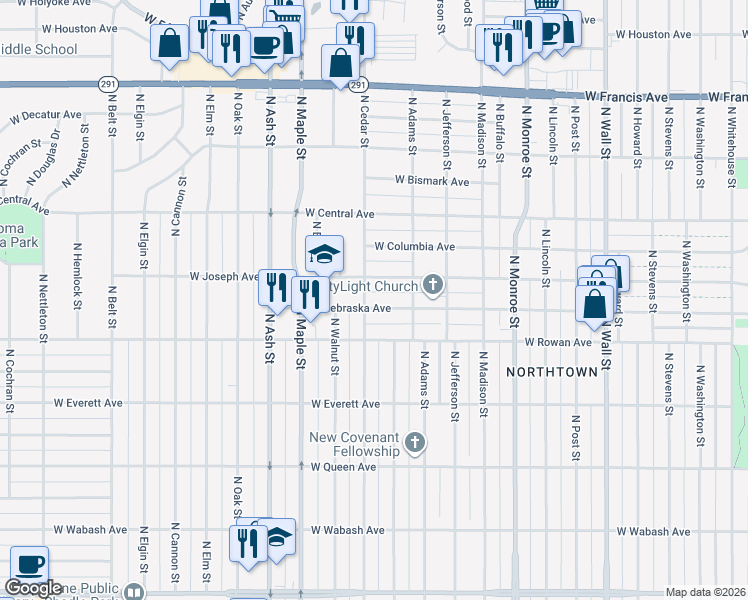 map of restaurants, bars, coffee shops, grocery stores, and more near 1334 West Nebraska Avenue in Spokane