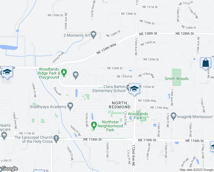 map of restaurants, bars, coffee shops, grocery stores, and more near 16835 Northeast 122nd Street in Redmond