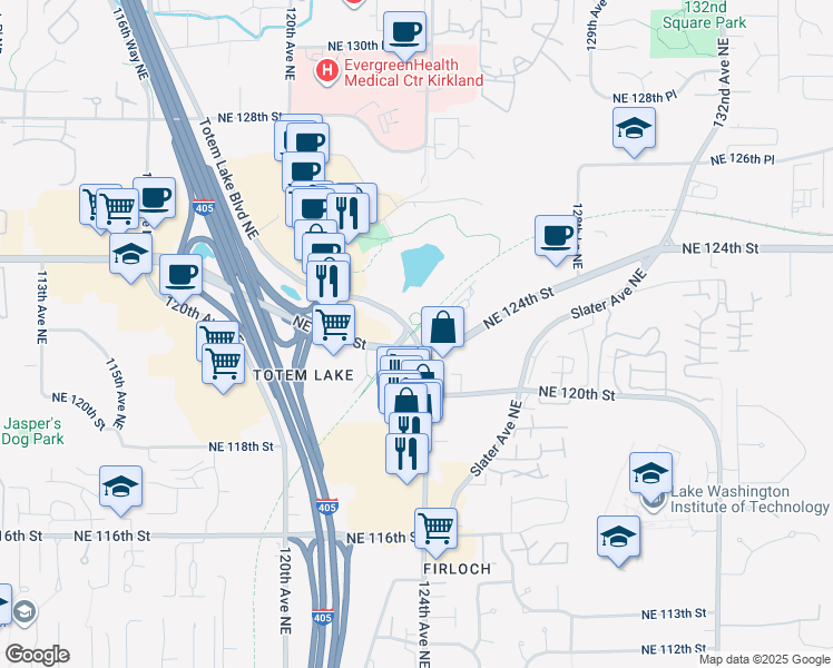 map of restaurants, bars, coffee shops, grocery stores, and more near 1116 Totem Lake Boulevard Northeast in Kirkland