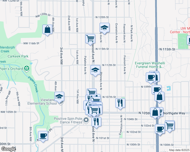 map of restaurants, bars, coffee shops, grocery stores, and more near 11010 Greenwood Avenue North in Seattle