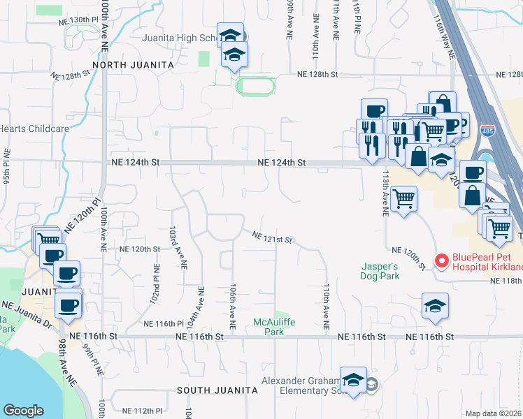 map of restaurants, bars, coffee shops, grocery stores, and more near 12136 107th Avenue Northeast in Kirkland