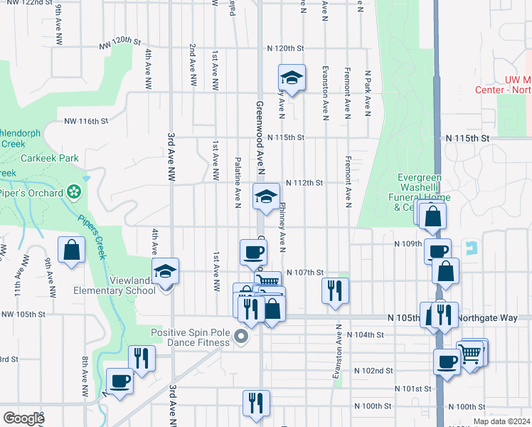 map of restaurants, bars, coffee shops, grocery stores, and more near 11010 Greenwood Avenue North in Seattle