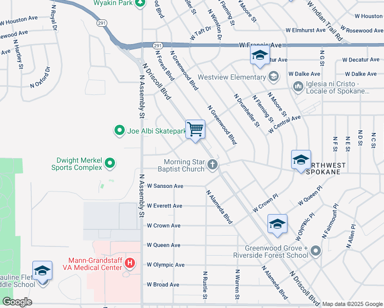 map of restaurants, bars, coffee shops, grocery stores, and more near 4018 West Rowan Avenue in Spokane