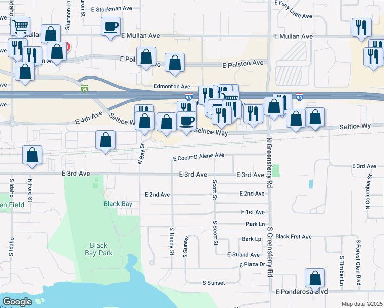 map of restaurants, bars, coffee shops, grocery stores, and more near 1616 East Coeur D Alene Avenue in Post Falls
