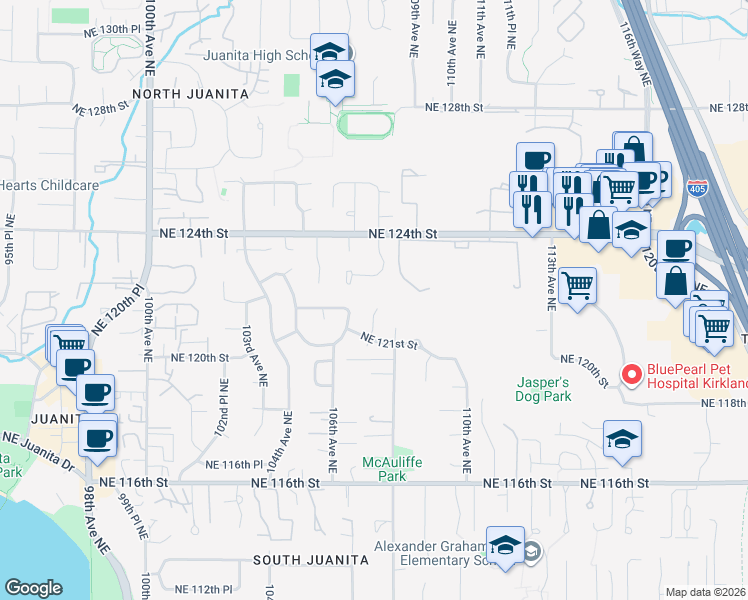 map of restaurants, bars, coffee shops, grocery stores, and more near 12136 107th Avenue Northeast in Kirkland