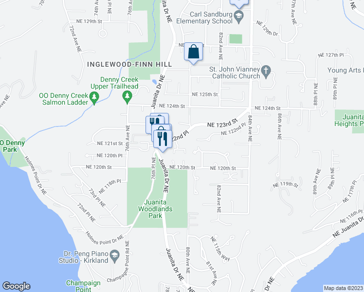 map of restaurants, bars, coffee shops, grocery stores, and more near 8010 Northeast 121st Street in Kirkland