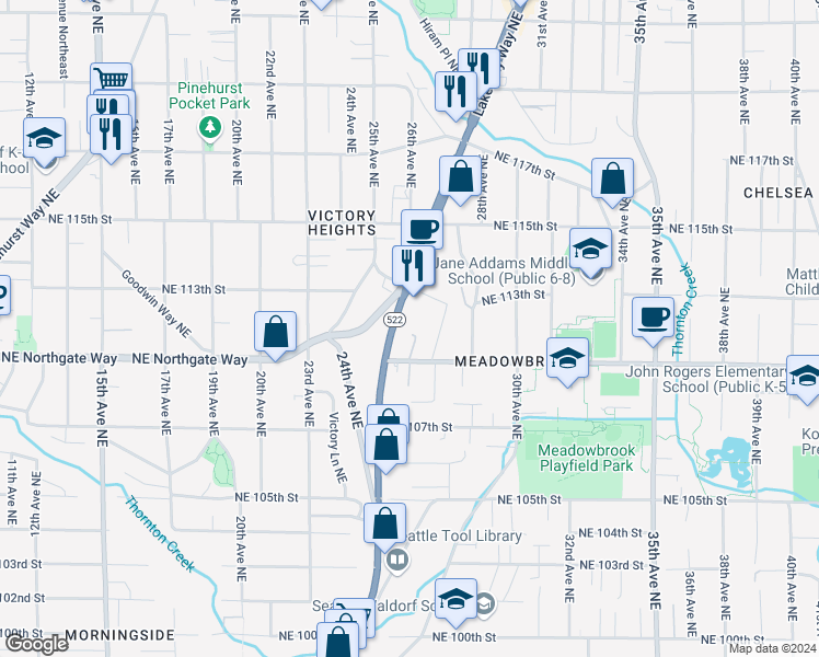 map of restaurants, bars, coffee shops, grocery stores, and more near 11033-11079 Lake City Way Northeast in Seattle
