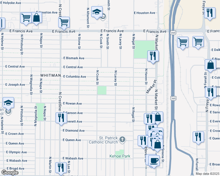 map of restaurants, bars, coffee shops, grocery stores, and more near 2614 East Joseph Avenue in Spokane
