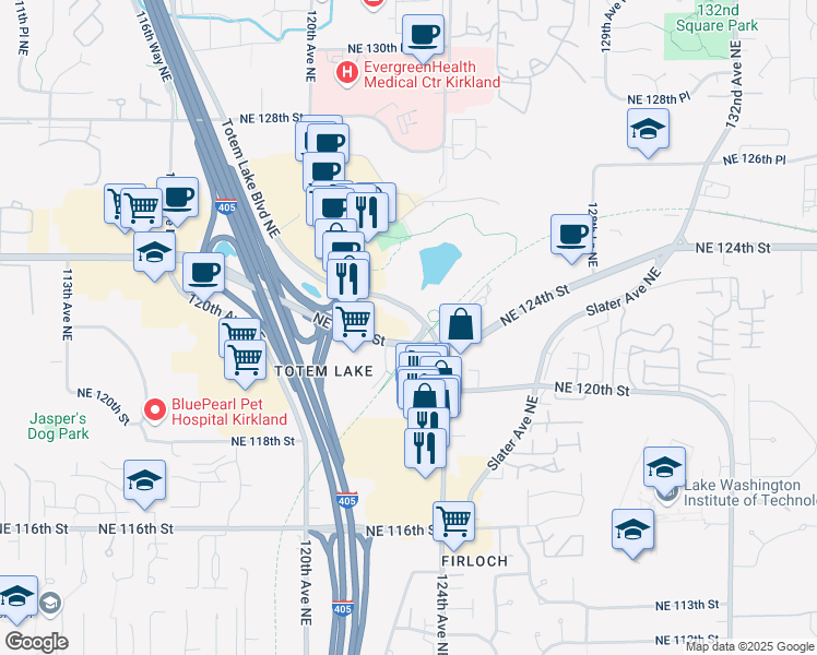 map of restaurants, bars, coffee shops, grocery stores, and more near 1116 Totem Lake Boulevard Northeast in Kirkland