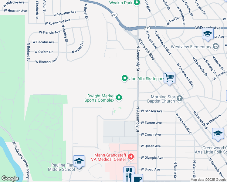 map of restaurants, bars, coffee shops, grocery stores, and more near 5701 North Assembly Street in Spokane