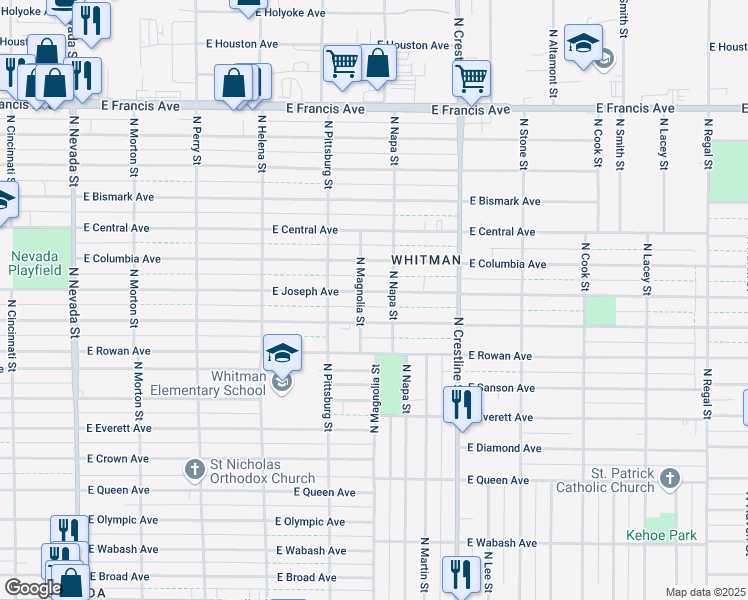 map of restaurants, bars, coffee shops, grocery stores, and more near 1809 East Nebraska Avenue in Spokane