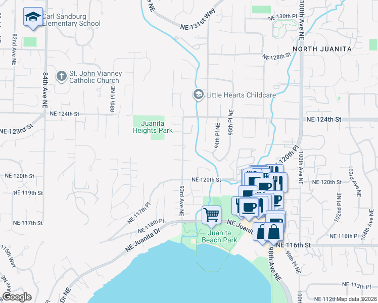 map of restaurants, bars, coffee shops, grocery stores, and more near 12122 93rd Avenue Northeast in Kirkland