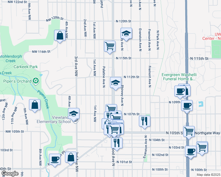 map of restaurants, bars, coffee shops, grocery stores, and more near 202 North 110th Street in Seattle