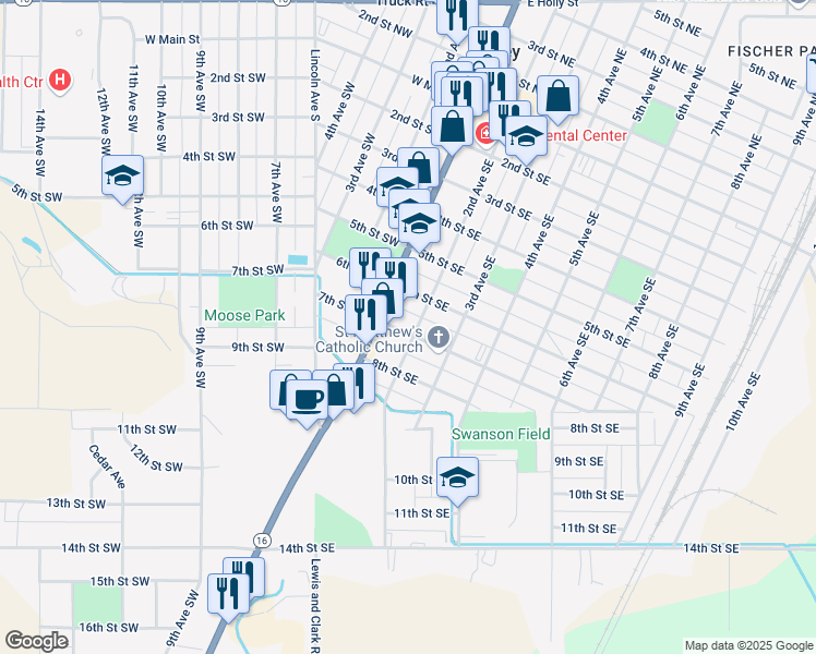 map of restaurants, bars, coffee shops, grocery stores, and more near 121 7th Street Southeast in Sidney