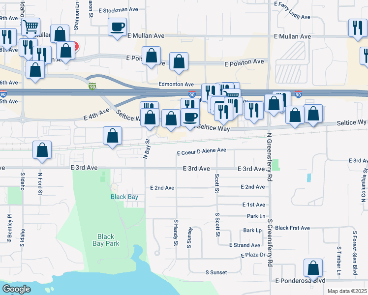 map of restaurants, bars, coffee shops, grocery stores, and more near 1604 East Coeur D Alene Avenue in Post Falls