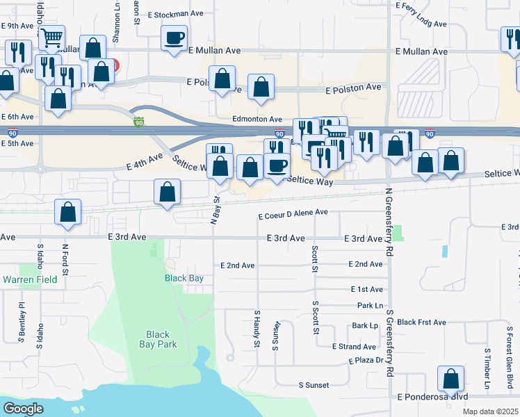 map of restaurants, bars, coffee shops, grocery stores, and more near 1604 East Coeur D Alene Avenue in Post Falls