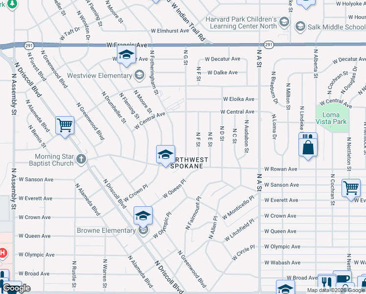 map of restaurants, bars, coffee shops, grocery stores, and more near in Spokane
