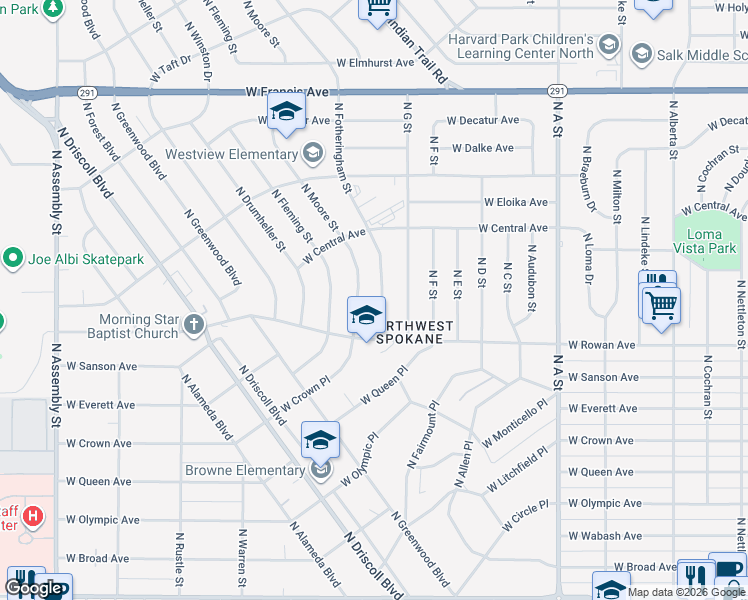 map of restaurants, bars, coffee shops, grocery stores, and more near 5603 North Fotheringham Street in Spokane