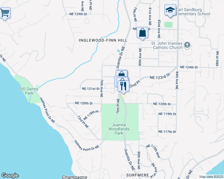 map of restaurants, bars, coffee shops, grocery stores, and more near 12030 76th Avenue Northeast in Kirkland