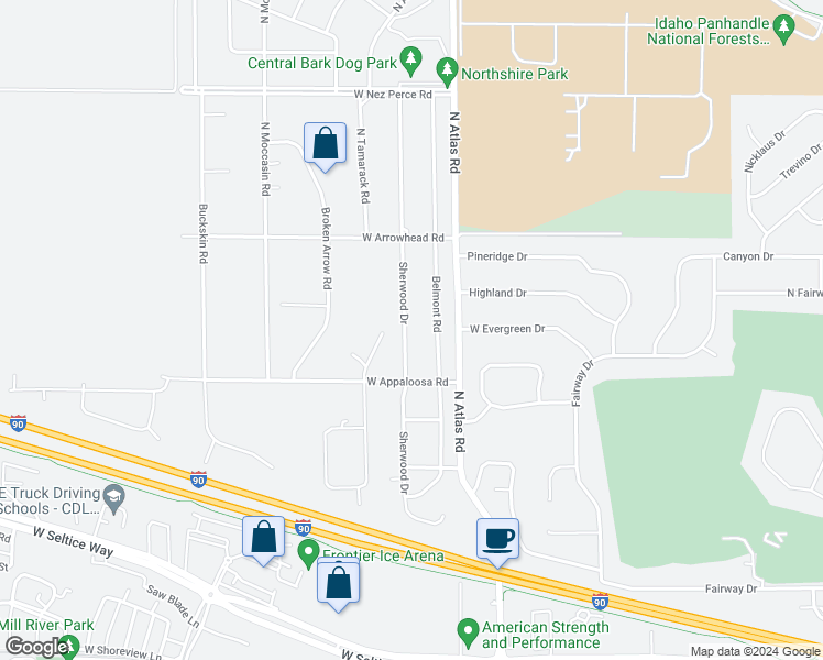 map of restaurants, bars, coffee shops, grocery stores, and more near 3502 Sherwood Drive in Coeur d'Alene