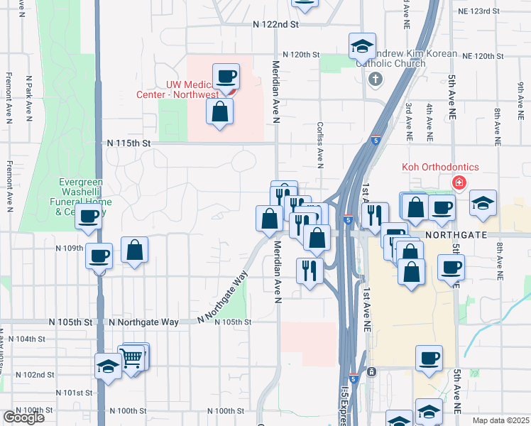 map of restaurants, bars, coffee shops, grocery stores, and more near 11027 Meridian Avenue North in Seattle