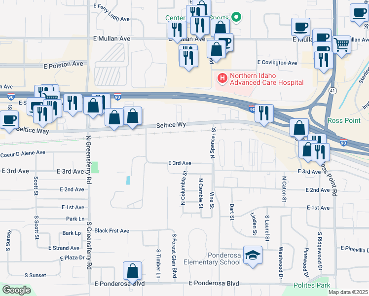 map of restaurants, bars, coffee shops, grocery stores, and more near 3090 East 3rd Avenue in Post Falls