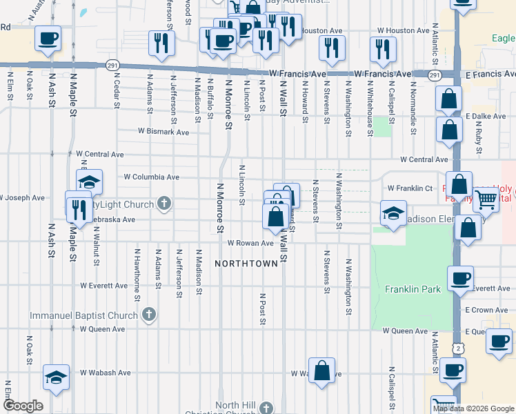 map of restaurants, bars, coffee shops, grocery stores, and more near 5602 North Post Street in Spokane