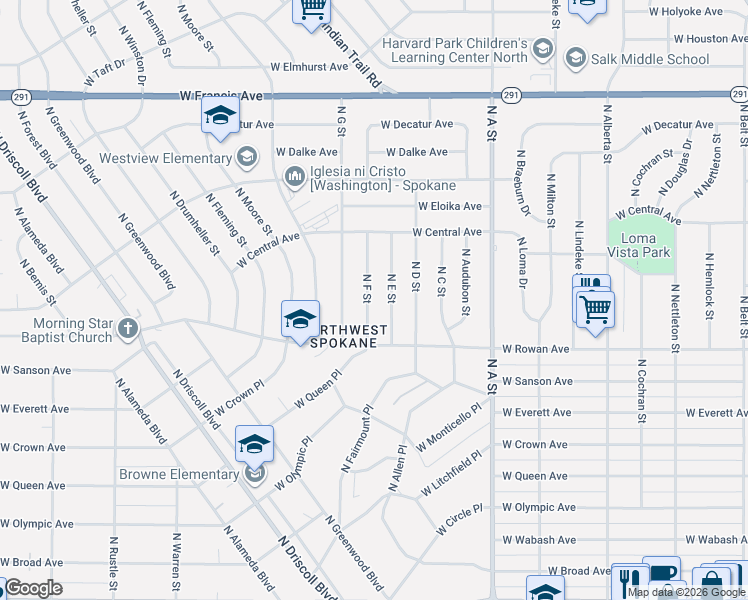 map of restaurants, bars, coffee shops, grocery stores, and more near 5604 North F Street in Spokane