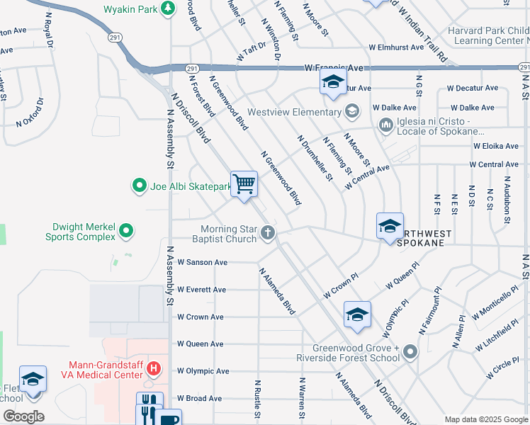 map of restaurants, bars, coffee shops, grocery stores, and more near 5524 North Driscoll Boulevard in Spokane