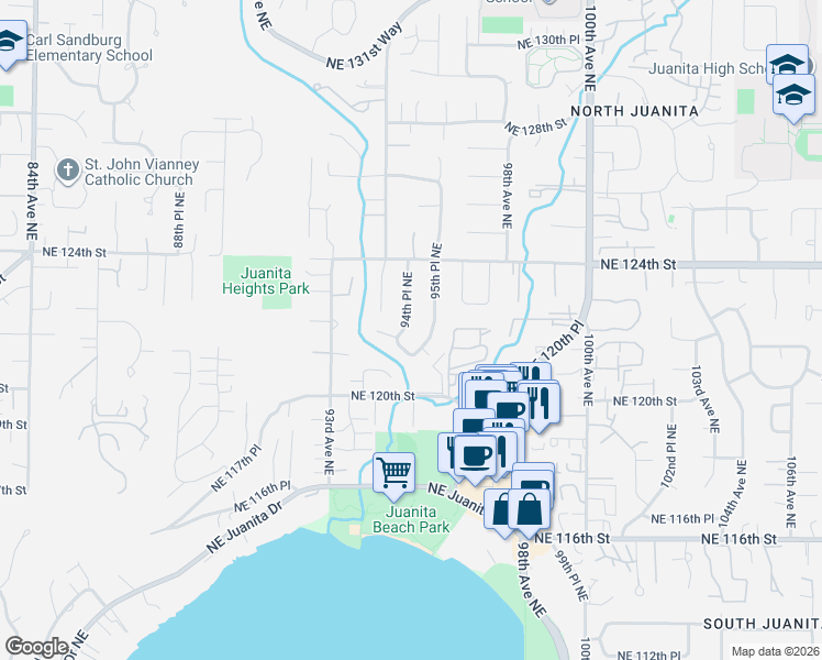 map of restaurants, bars, coffee shops, grocery stores, and more near 9455 Northeast 121st Place in Kirkland