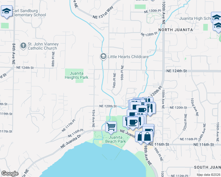 map of restaurants, bars, coffee shops, grocery stores, and more near 9455 Northeast 121st Place in Kirkland