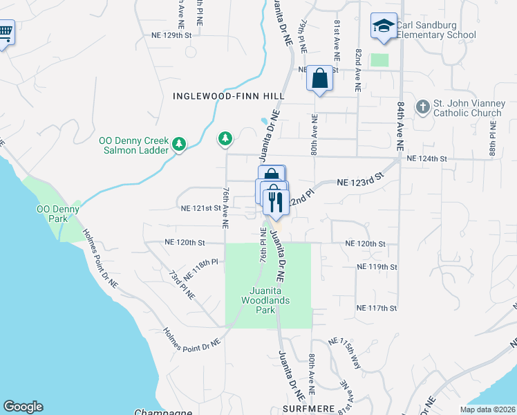 map of restaurants, bars, coffee shops, grocery stores, and more near 12033 76th Place Northeast in Kirkland