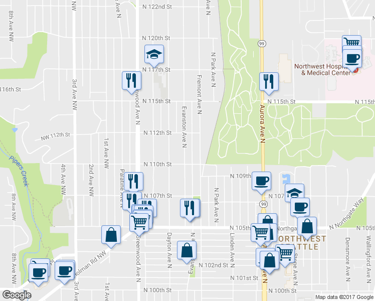 map of restaurants, bars, coffee shops, grocery stores, and more near 11026 Evanston Avenue North in Seattle