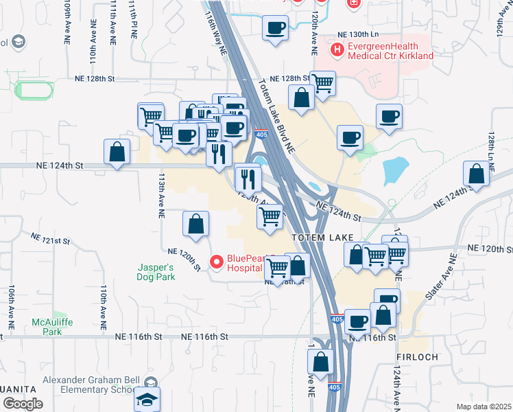 map of restaurants, bars, coffee shops, grocery stores, and more near 12301 120th Avenue Northeast in Kirkland