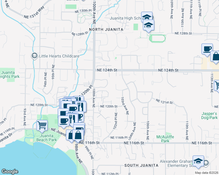 map of restaurants, bars, coffee shops, grocery stores, and more near 10017 Northeast 122nd Street in Kirkland