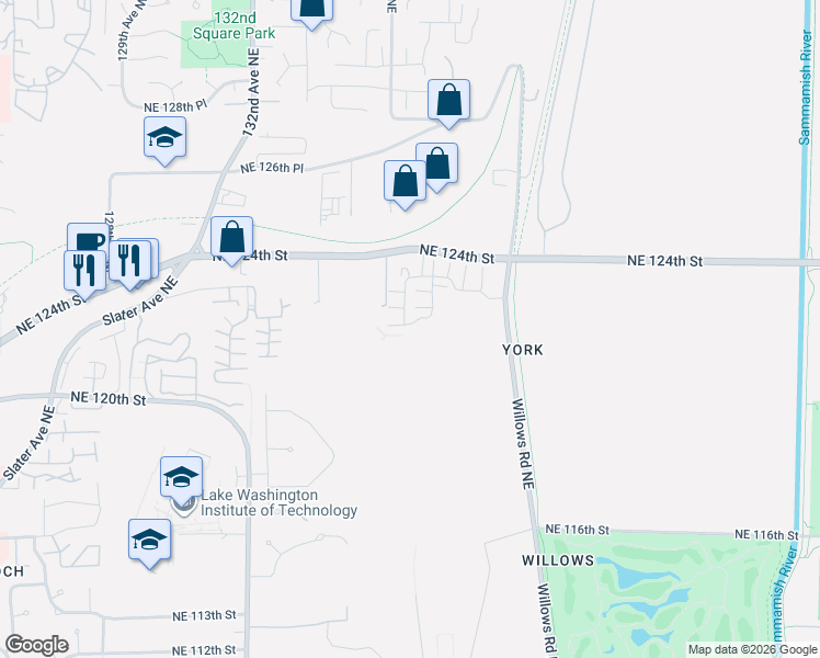 map of restaurants, bars, coffee shops, grocery stores, and more near 12201 137th Place Northeast in Redmond